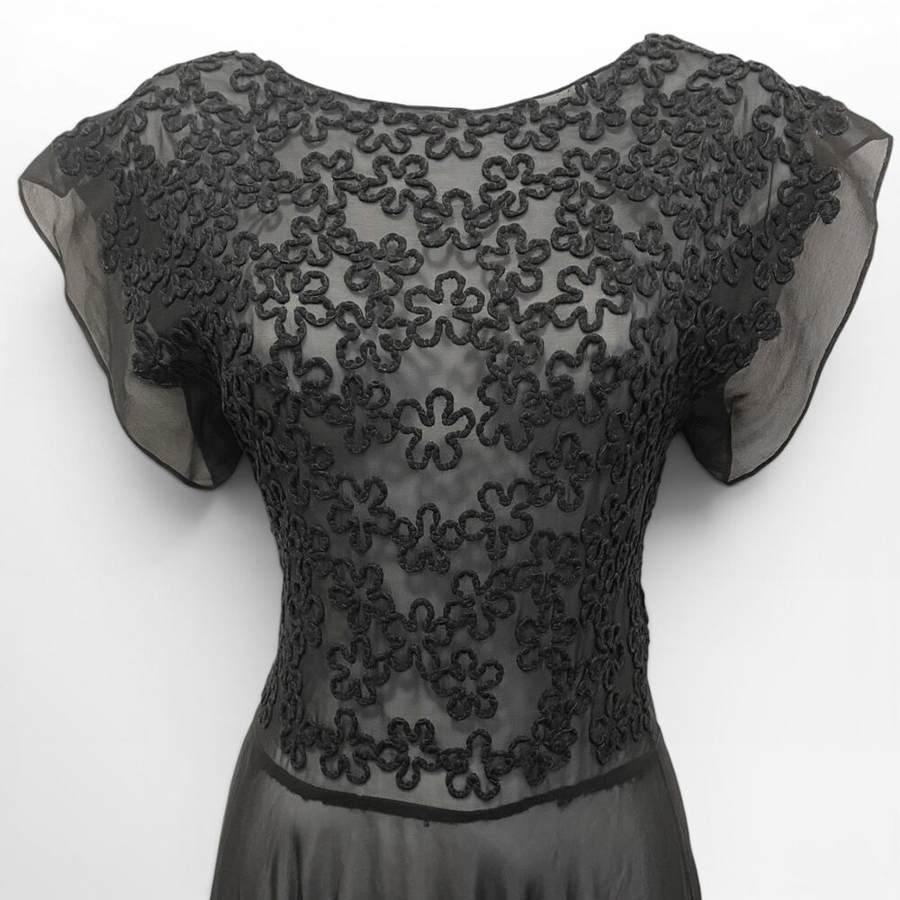 Vintage 1930s Black Chiffon Soutache Evening Gown Sheer Flutter Sleeve Dress - Picture 8 of 11
